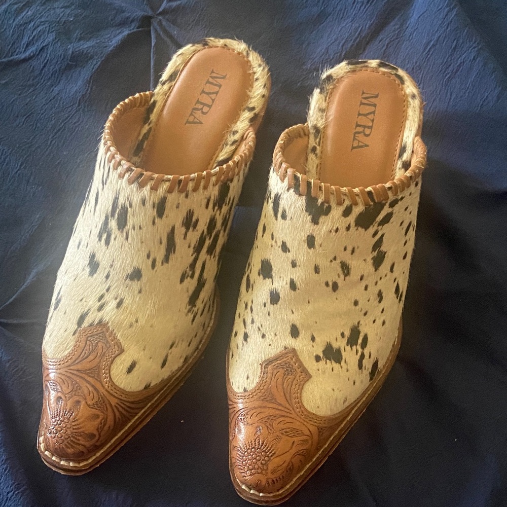 Myra Bag Spotted Cowhide and Brown Leather Mules